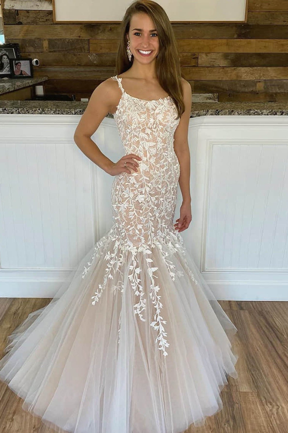 Mermaid Prom Dress Apricot Straps Lace Long Evening Dress