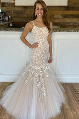 Mermaid Prom Dress Apricot Straps Lace Long Evening Dress