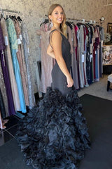 Mermaid Prom Dress Black One Shoulder Tiered Seqins Long Evening Dress