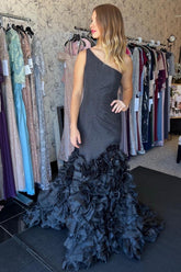 Mermaid Prom Dress Black One Shoulder Tiered Seqins Long Evening Dress
