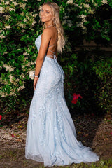 Mermaid Prom Dress Blue Long Evening Dress Backless Evening Dress