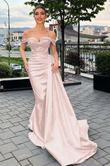 Mermaid Prom Dress Cap Sleeve Off the Shoulder Satin Formal Dress