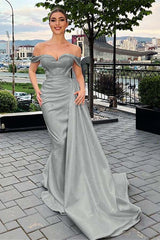 Mermaid Prom Dress Cap Sleeve Off the Shoulder Satin Formal Dress