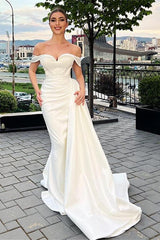 Mermaid Prom Dress Cap Sleeve Off the Shoulder Satin Formal Dress