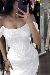 Mermaid Prom Dress Cap Sleeve Sequined Off the Shoulder Formal Dress