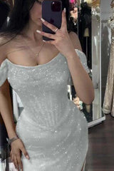 Mermaid Prom Dress Cap Sleeve Sequined Off the Shoulder Formal Dress