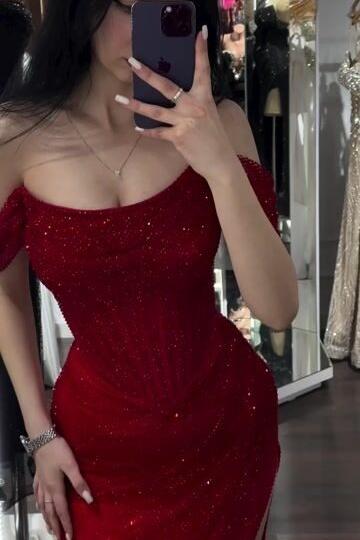 Mermaid Prom Dress Cap Sleeve Sequined Off the Shoulder Formal Dress