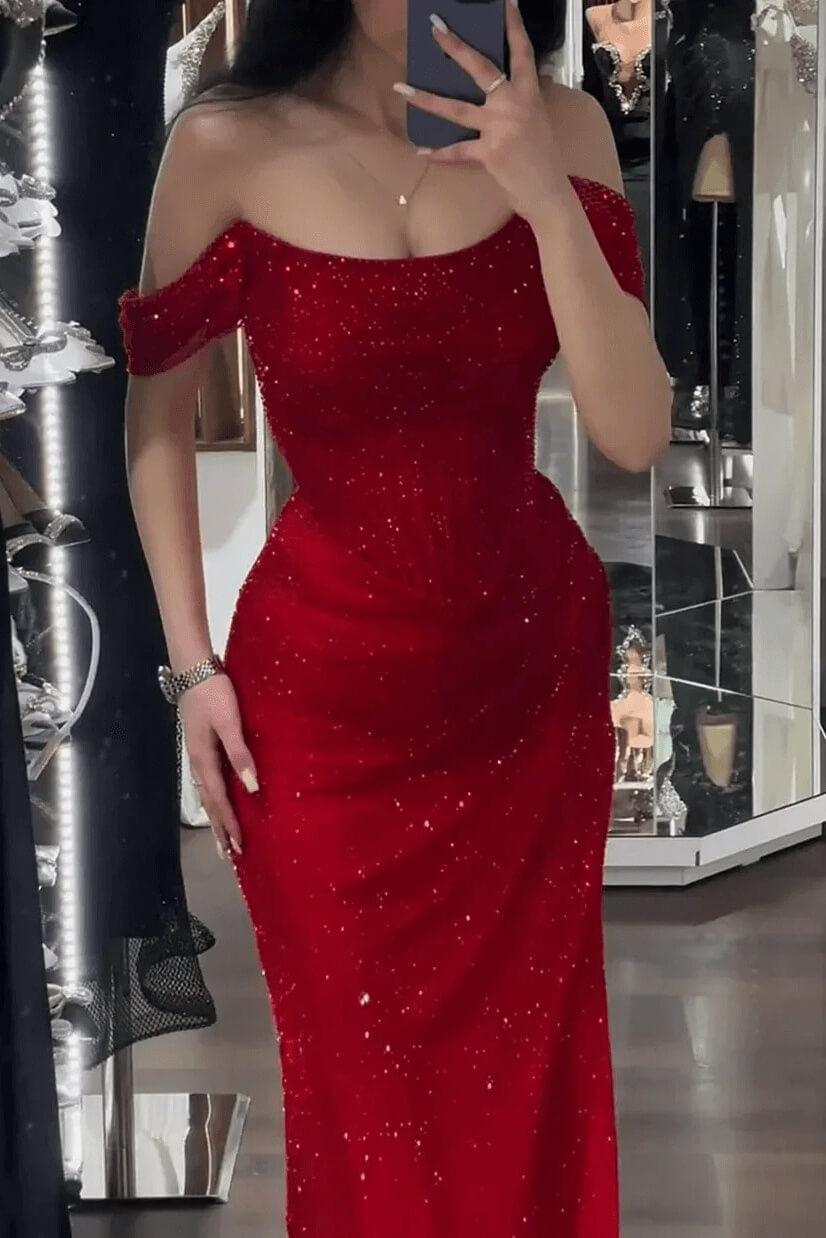 Mermaid Prom Dress Cap Sleeve Sequined Off the Shoulder Formal Dress