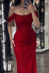 Mermaid Prom Dress Cap Sleeve Sequined Off the Shoulder Formal Dress