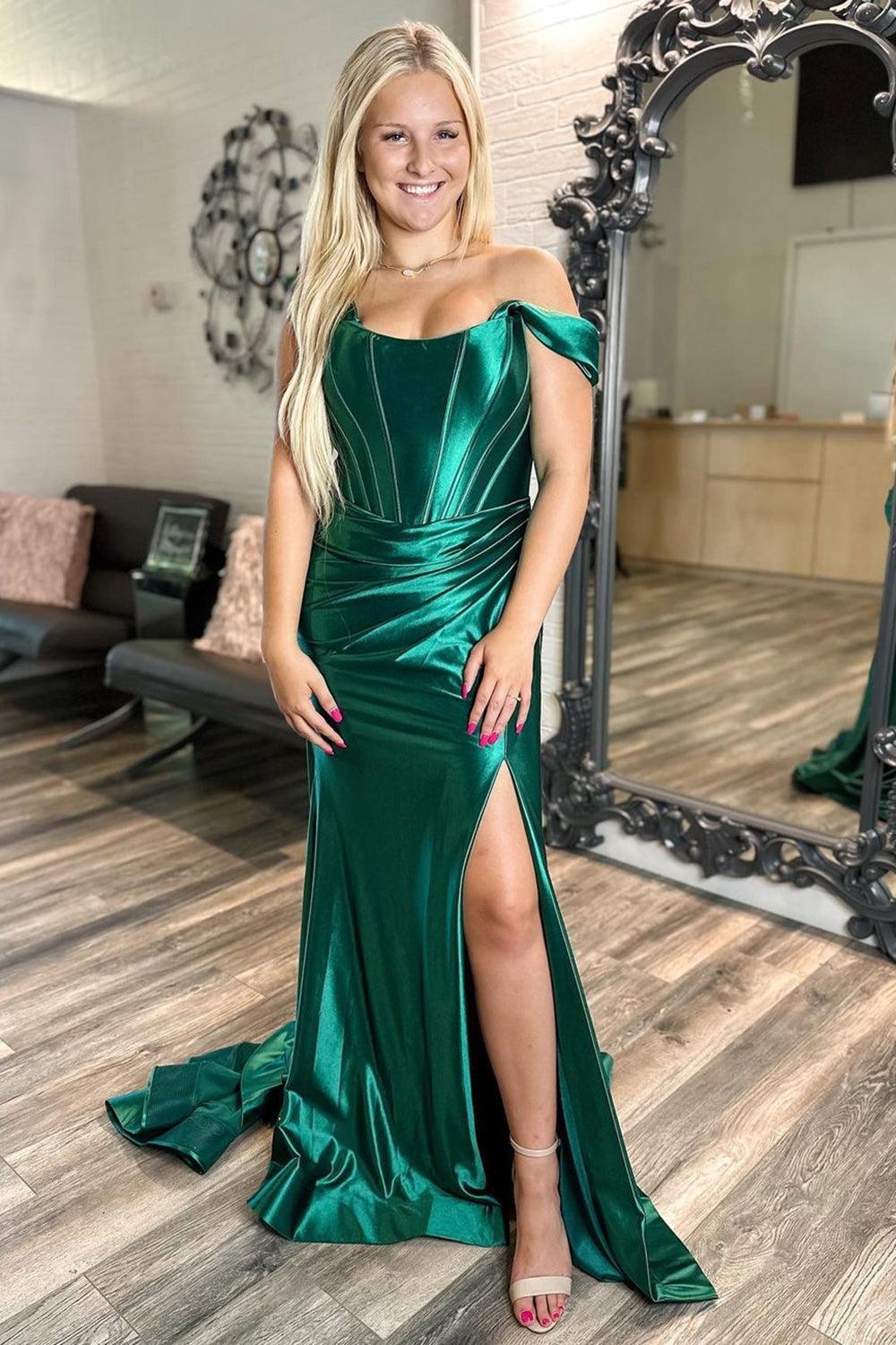 Mermaid Prom Dress Dark Green Off The Shoulder Corset Satin Evening Drss With Slit