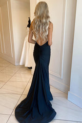 Mermaid Prom Dress Deep V Neck Black Long Evening Dress with Open Back