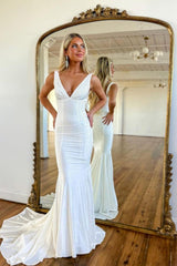 Mermaid Prom Dress Deep V Neck Delicate Beaded Satin Long Evening Dress