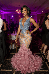 Mermaid Velvet Formal Dress Deep V Neck Christmas Party Dress with Beadings and Feathers