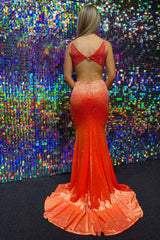 Mermaid Prom Dress Deep V Neck Orange Long Evening Dress with Beading