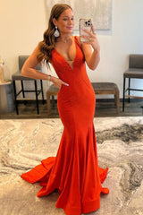 Mermaid Prom Dress Deep V Neck Orange Long Evening Dress with Beading