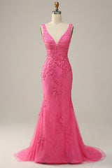 Mermaid Prom Dress Deep V Neck Pink Long Evening Dress with Appliques