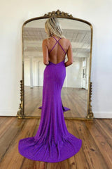 Mermaid Prom Dress Deep V Neck Sequin Evening Dress With Split