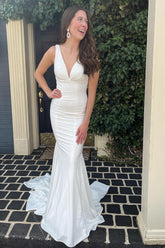 Mermaid Prom Dress Deep V Neck White Long Evening Dress with Beading