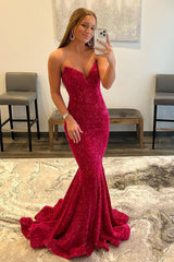 Mermaid Prom Dress Fuchsia Sequins Long Evening Dress