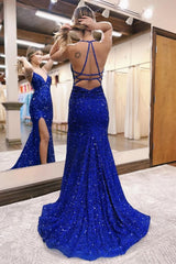 Mermaid Prom Dress Halter Sequin Long Elegant Evening Dress with Silt