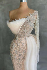 Mermaid Prom Dress Long Sleeve Asymmetric Formal Dress With Beadings and Rhinestones