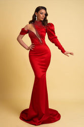 Mermaid Prom Dress Long Sleeve Asymmetric Neck Formal Dress With Beadings and Rhinestones