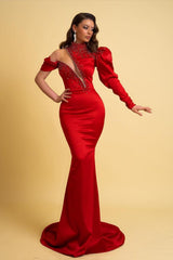 Mermaid Prom Dress Long Sleeve Asymmetric Neck Formal Dress With Beadings and Rhinestones
