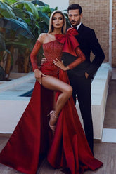Mermaid Prom Dress Long Sleeve Asymmetric Neck Formal Dress With Beadings