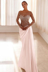 Mermaid Prom Dress Long Sleeve Bateau Neck Formal Dress With Beadings and Rhinestones