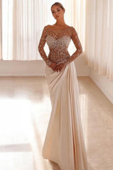 Mermaid Prom Dress Long Sleeve Bateau Neck Formal Dress With Beadings and Rhinestones