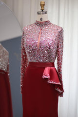 Mermaid Prom Dress Long Sleeve High Neck Formal Dress With Beadings and Rhinestones