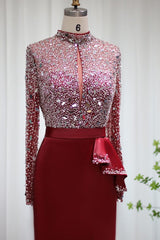 Mermaid Prom Dress Long Sleeve High Neck Formal Dress With Beadings and Rhinestones