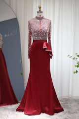 Mermaid Prom Dress Long Sleeve High Neck Formal Dress With Beadings and Rhinestones