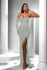 Mermaid Prom Dress Long Sleeve Strapless Formal Dress With Sequins