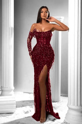 Mermaid Prom Dress Long Sleeve Strapless Formal Dress With Sequins