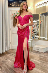 Mermaid Prom Dress Off the Shoulder Magenta Sequin Appliques Evening Dress