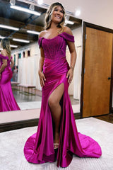 Mermaid Prom Dress Off the Shoulder Satin Elegant Evening Dress with Split
