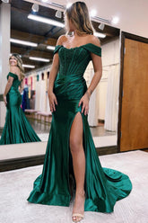 Mermaid Prom Dress Off the Shoulder Satin Elegant Evening Dress with Split