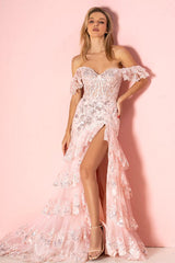 Mermaid Prom Dress Off the Shoulder Tiered Lace Formal Dress