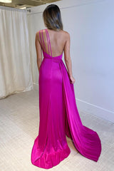 Mermaid Prom Dress One Shoulder Fuchsia Long Evening Dress