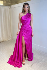 Mermaid Prom Dress One Shoulder Fuchsia Long Evening Dress