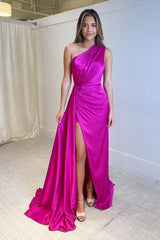 Mermaid Prom Dress One Shoulder Fuchsia Long Evening Dress
