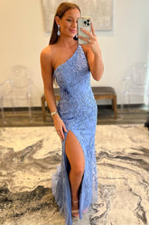 Mermaid Prom Dress One Shoulder Lace Long Elegant Evening Dress with Split