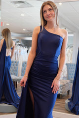 Mermaid Prom Dress One Shoulder Navy Blue Prom Dress Satin Long Evening Dress