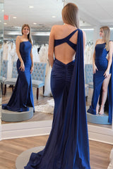 Mermaid Prom Dress One Shoulder Navy Blue Prom Dress Satin Long Evening Dress