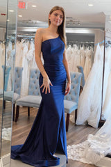 Mermaid Prom Dress One Shoulder Navy Blue Prom Dress Satin Long Evening Dress