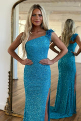 Mermaid Prom Dress One Shoulder Sequin Elegant Evening Dress with Split