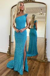 Mermaid Prom Dress One Shoulder Sequin Elegant Evening Dress with Split