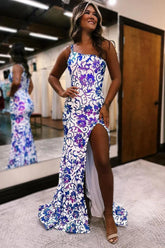 Mermaid Prom Dress One Shoulder Sequin Long Evening Dress with Split