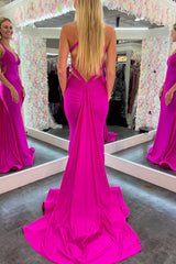 Mermaid Prom Dress Pink V Neck Backless Satin Long Evening Dress